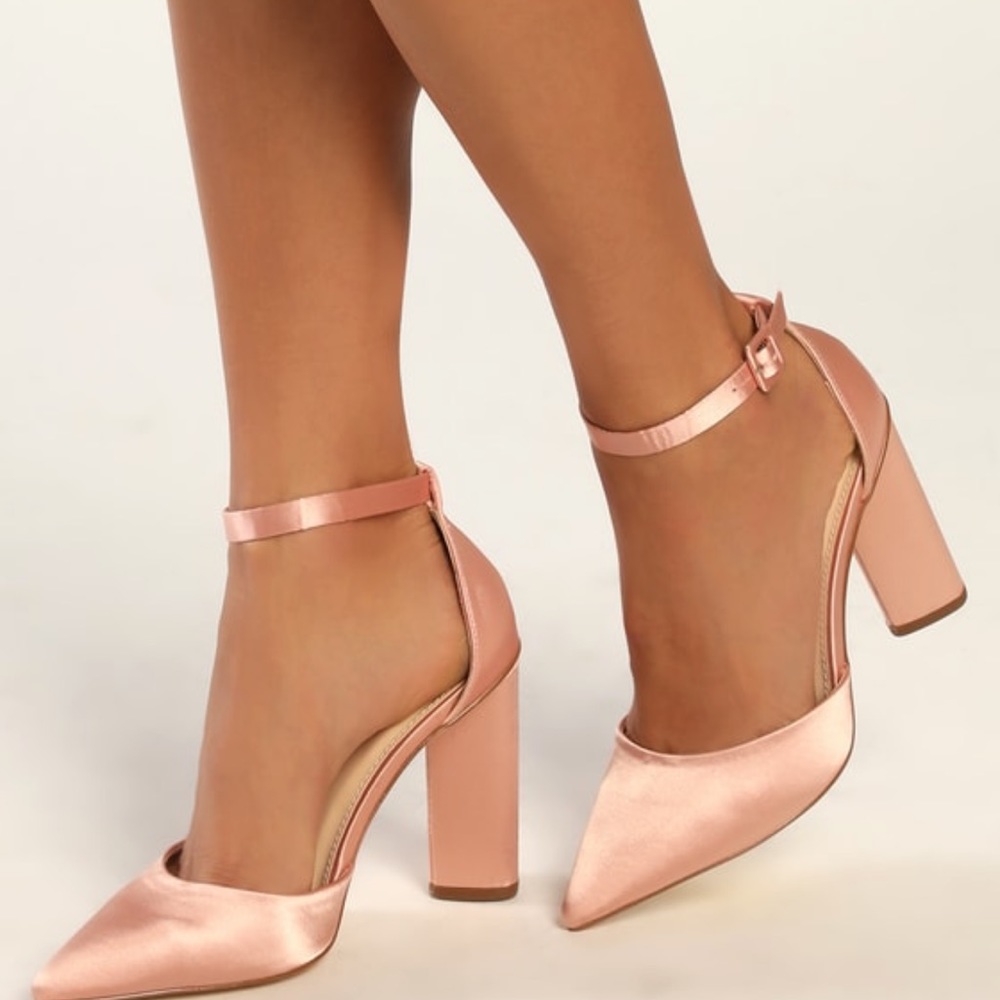 Womens Lulus Syngo Rose Gold Satin Pointed-Toe Ankle Strap Pumps